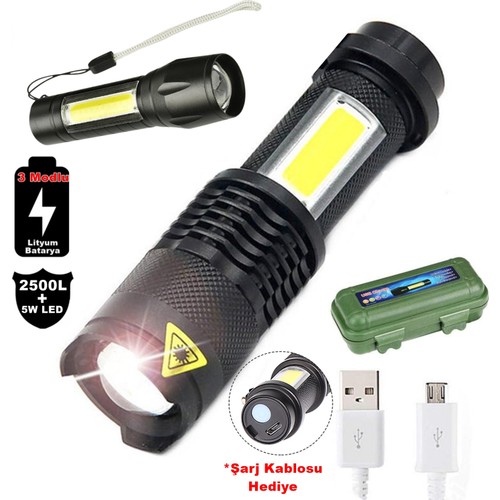 Su Geçirmez Şarjlı El Feneri 2500 Lumens + 5W COB LED USB Lion Şarjlı Ultra Güçlü Q5 XPE (4401)