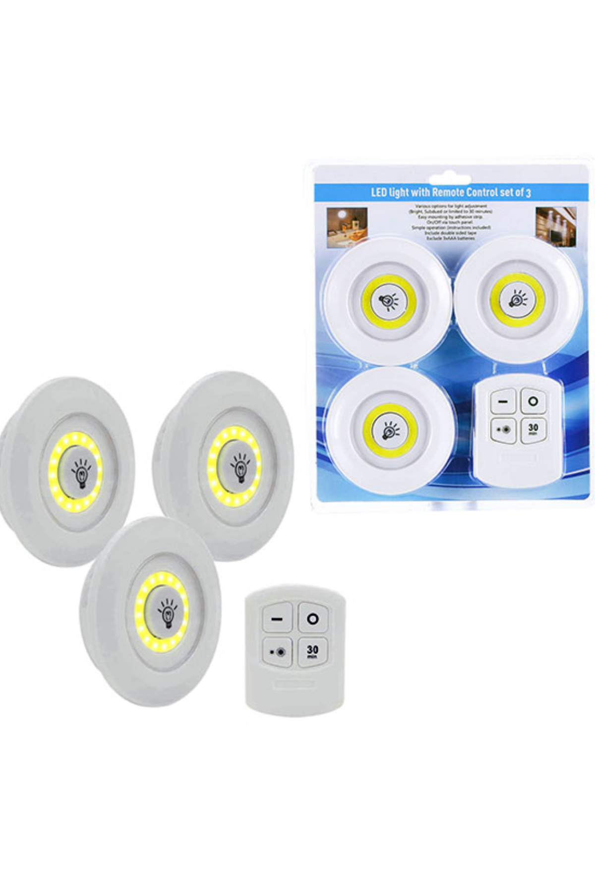 3lü Uzaktan Kumandalı Yapışkanlı Kablosuz Led Spot Lambalar (4401)
