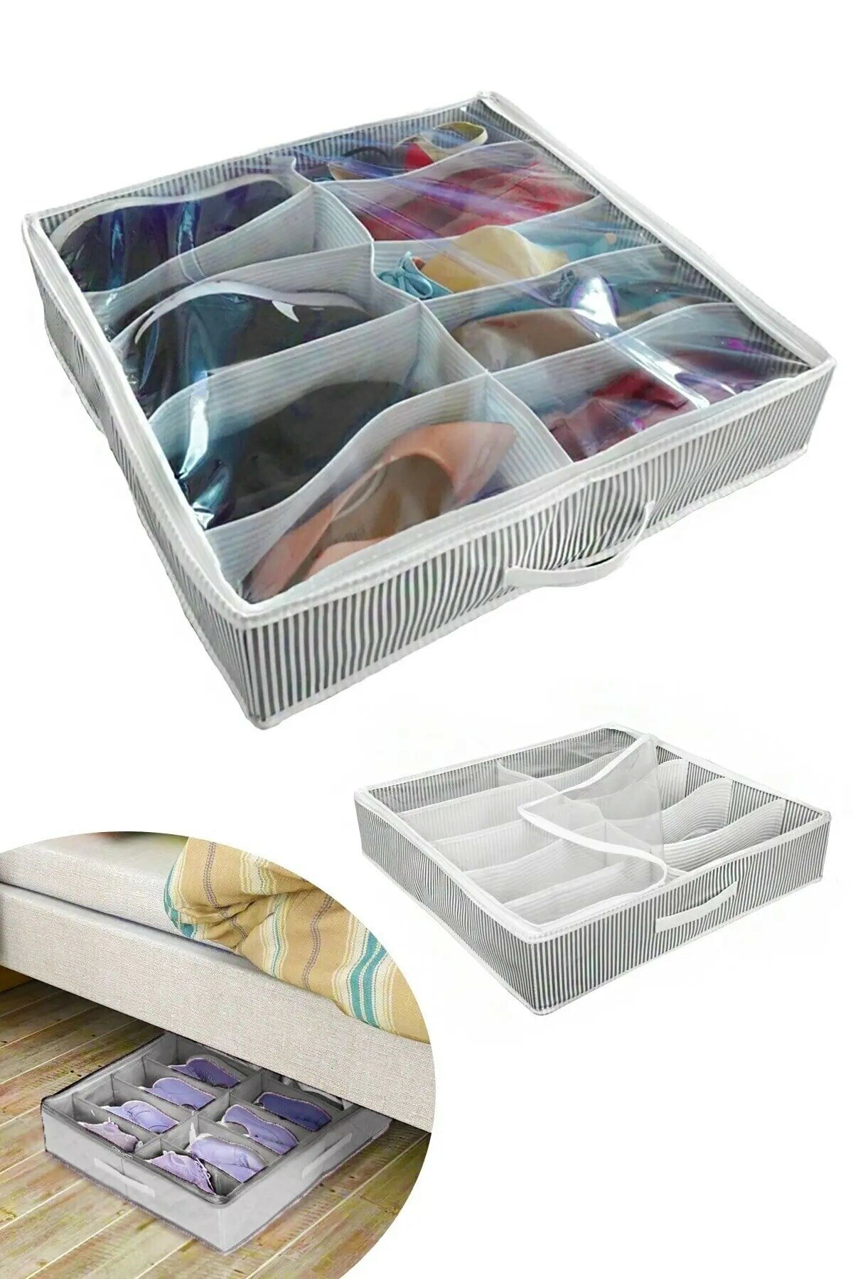 Ayakkabı Saklama Çantası 12 Bölmeli Shoes Under Ayakkabı Hurcu - Siyah Beyaz (4401)