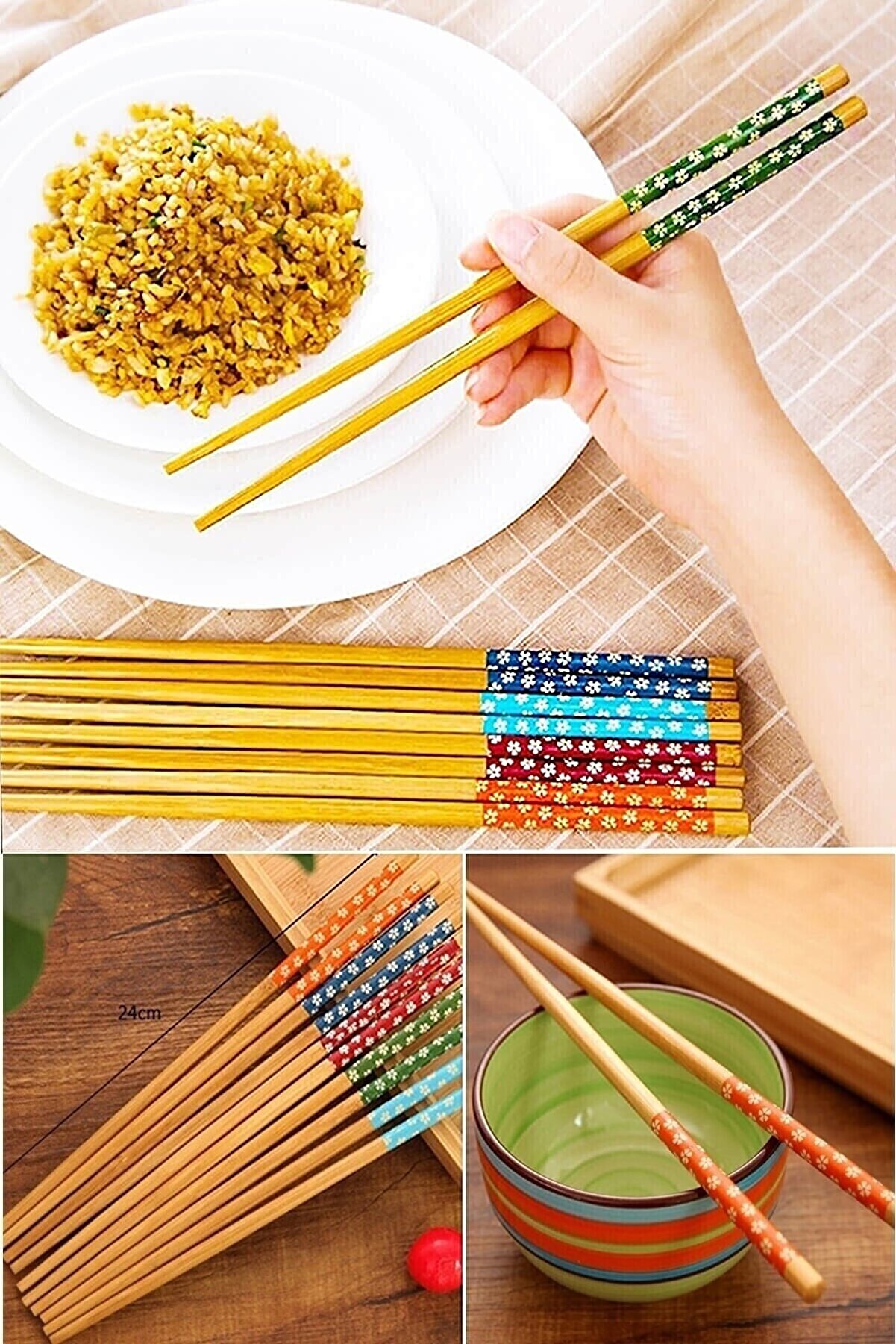 Bambu Chopstick Çubuk Yemek Çubuğu Yıkanabilir Tekrar Kullanılabilir (10 Çift- 20 Adet ) (4401)