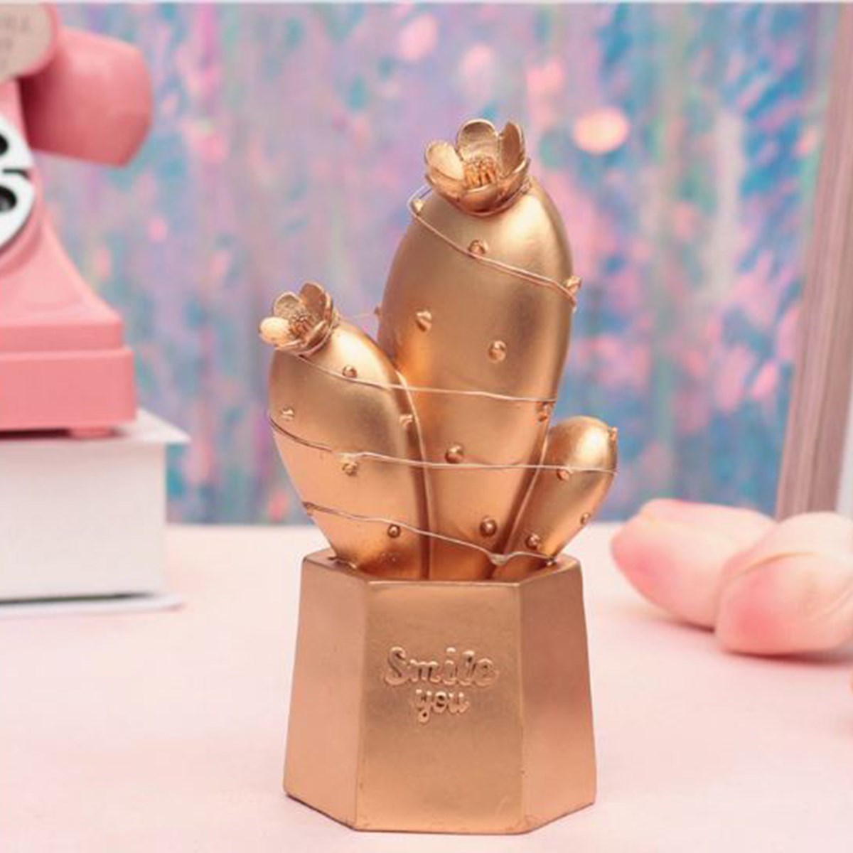 Led Işıklı Sevimli Kaktüs Dekoratif Masa Lambası Mini Biblo Gece Lambası Gold (4401)