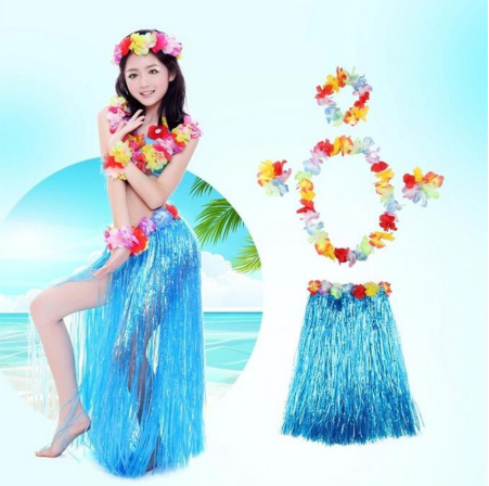 Mavi Hawaii eteği ve aksesuarları