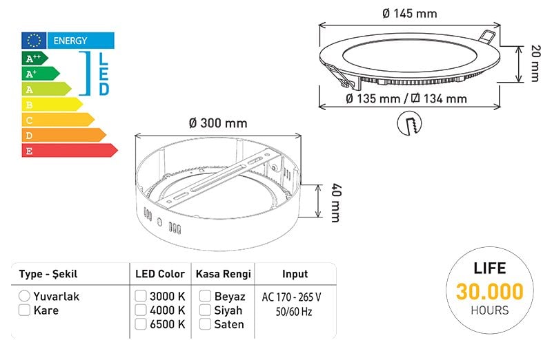  24W Sıva Üstü 6500K Beyaz 300mm Kare Slim Spot Panel İçerik