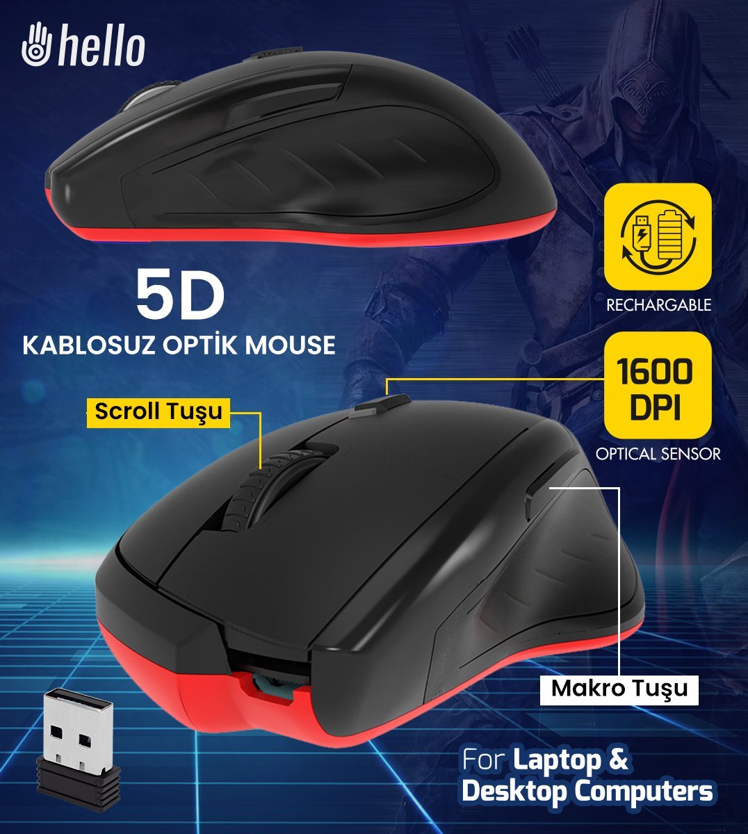 Hello HL-4701 2.4GHZ 1600DPI Şarjlı 5D Kablosuz Optik Mouse