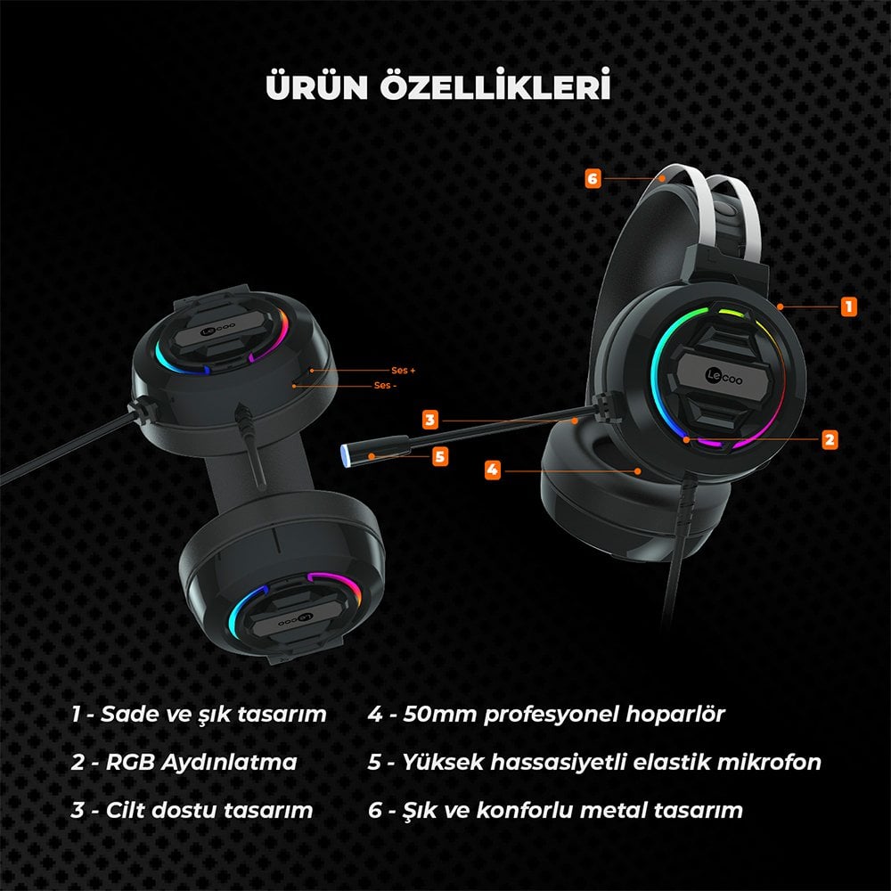 Lenovo Lecoo HT401 USB 2.0 Kulak Üstü RGB Ledli Gaming Oyuncu Kulaklık