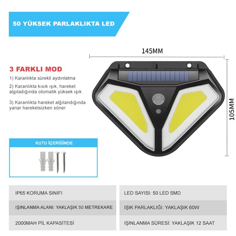LF-1728B Çok Fonksiyonlu 3 Modlu Hareket Sensörlü 50 Cob Ledli İndüksiyon Duvar Lambası İçerik