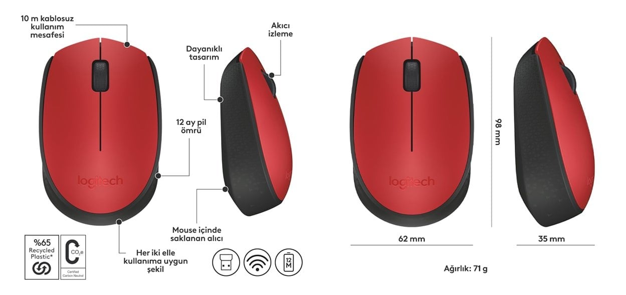 Kırmızı Kablosuz Mouse Özellikleri