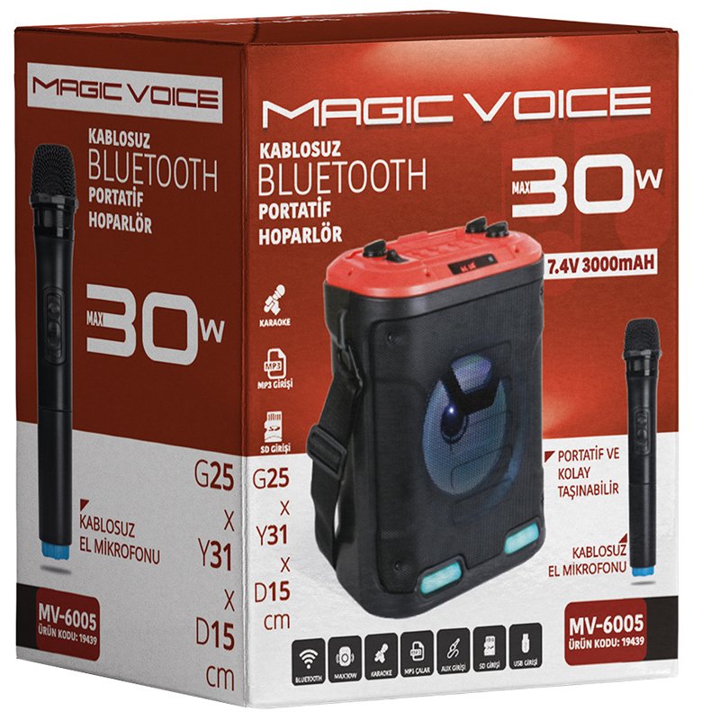 Magicvoice MV-6005 VHF El Mikrofonlu USB-SD-BT Işıklı 30 W Taşınabilir Anfi