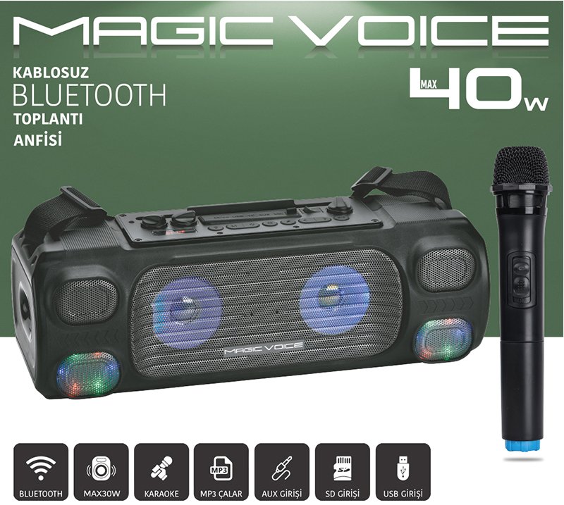 Magicvoice MV-7001 VHF El Mikrofonlu USB-SD-BT Işıklı 40 W Taşınabilir Anfi