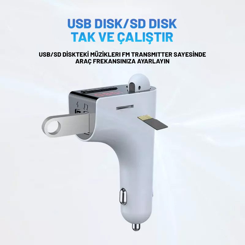 Magicvoice V14 Kablosuz Kulaklıklı 3.1A Çift USB-SD-Bluetooth Destekli FM Transmitter