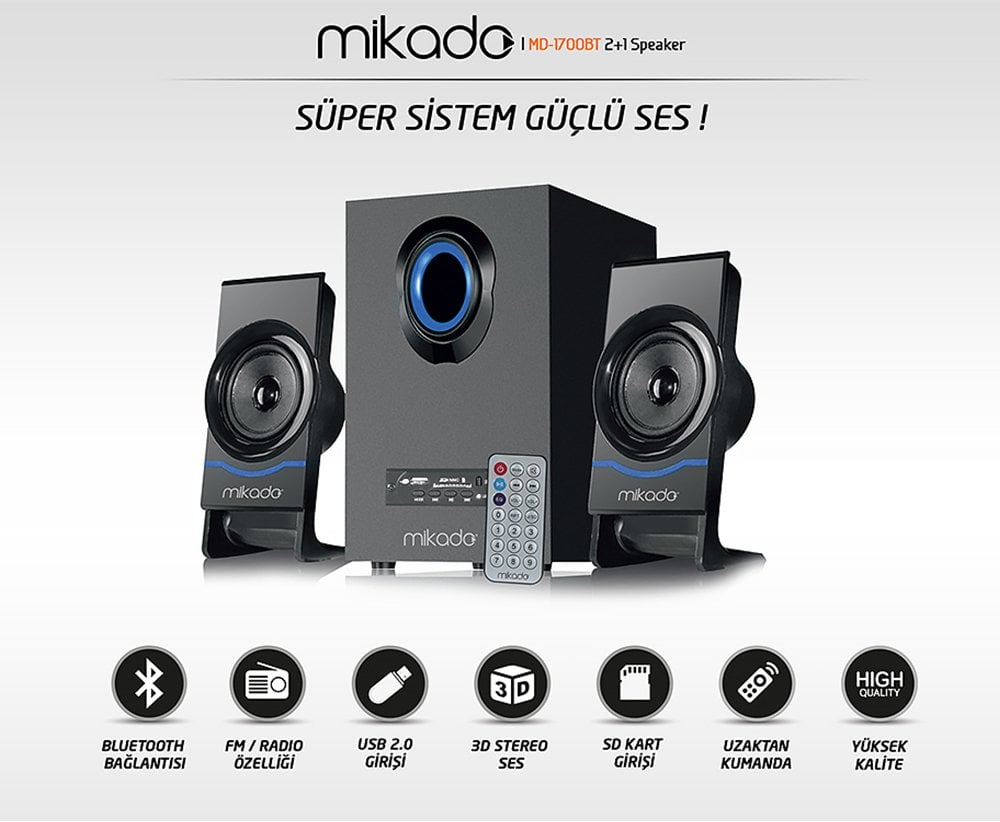 Mikado MD-1700BT 2+1 Siyah USB - SD - FM Destekli Kumandalı Multimedia Bluetooth Hoparlör