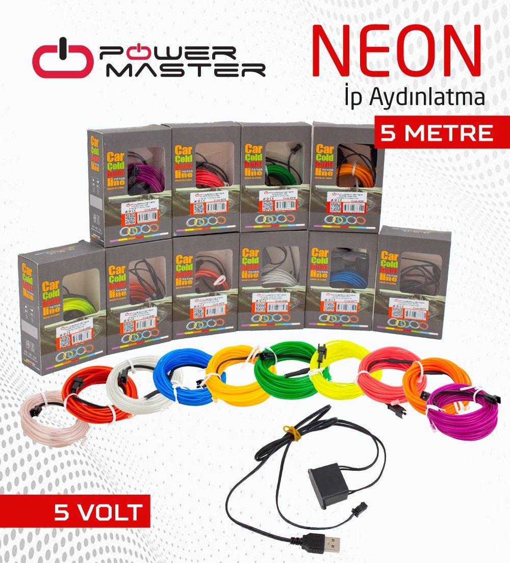  5 Metre 5 Volt USB Adaptörlü Neon İp Aydınlatma 