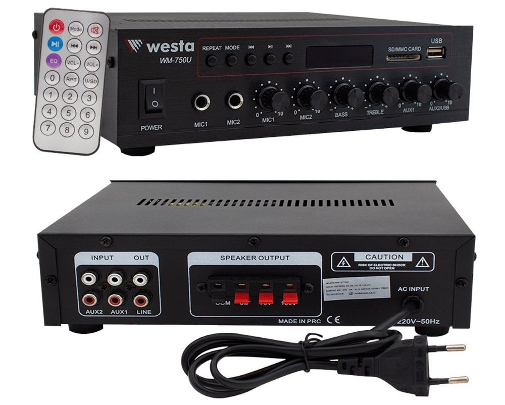 Westa WM-750U 80 Watt 100V-70V Mini 4-16 Ohm USB-SD-Bluetooth 2 Mikrofon Girişli Trafolu Anfi