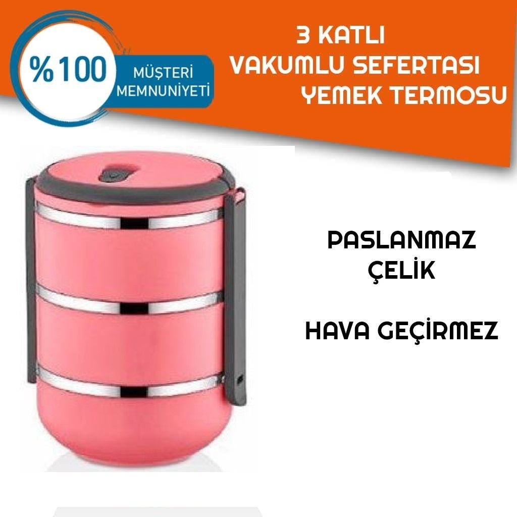 Sefer Tası Yemek Termosu Saklama Kabı Termosu 3lü - Pembe (4401)