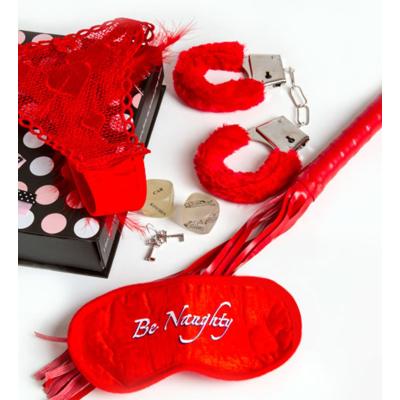 Kırmızı Renk Fantezi Tüylü Kelepçe + Kırbaç + Maske + Zar + Tüy + Çamaşır Full Set