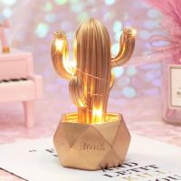 Led Işıklı Sevimli Kaktüs Dekoratif Masa Lambası Mini Biblo Gece Lambası-GOLD