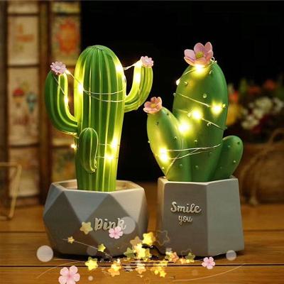 Led Işıklı Sevimli Kaktüs Dekoratif Masa Lambası Mini Biblo Gece Lambası Yeşil