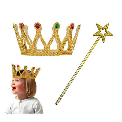 Çocuk Boy Kraliçe Prenses Tacı ve Yıldız Peri Asası Altın Renk